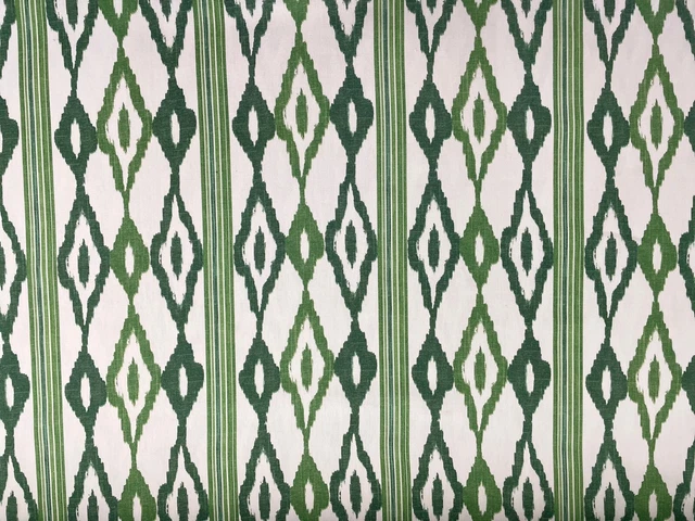 Boho Bali Ikat Stripe Cotton Green/Ivory Double Width Curtain Blind Craft Fabric