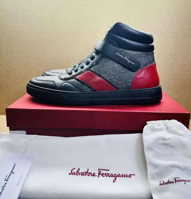 NEW SALVATORE FERRAGAMO Noe Leather High Top Shoes Sneakers Black Mens ...