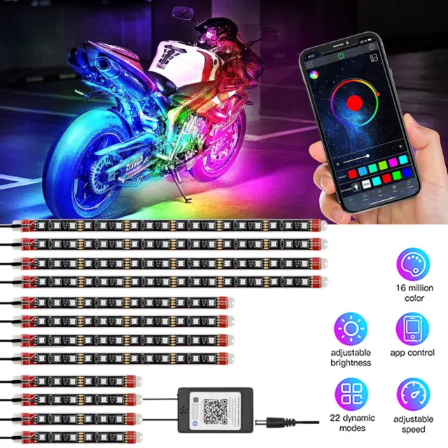 12X Universal Neon LED RGB Under Glow Strip Lights Kit Motorcycles Motorbike NEW