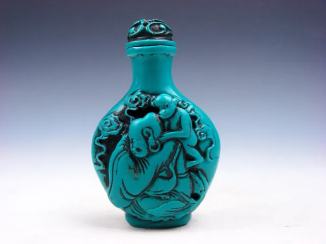 Turquoise Glazed Laughing Buddha Kids Buddha Monkey Carved Snuff Bottle #081422 3