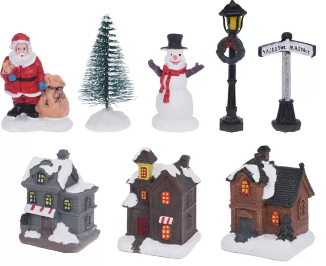 10 Pezzi Natale Villaggio Set Festive Natale Miniatura Scena Con Luci LED