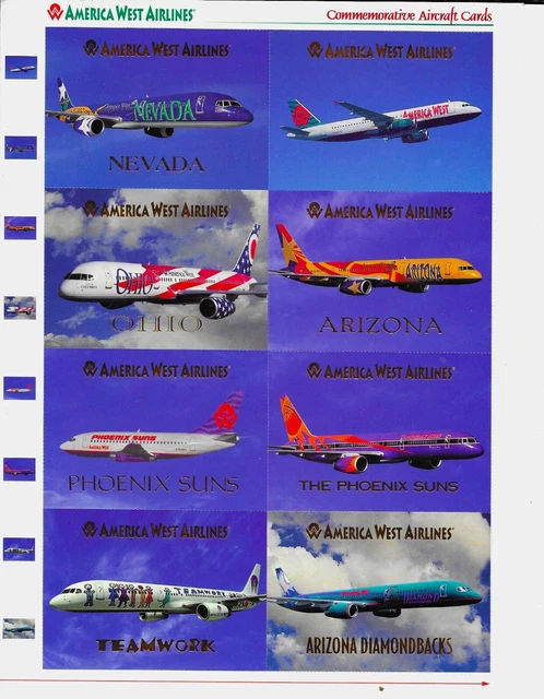 America West Airlines 737, 757, A320 trade cards, Colorful with aircraft details