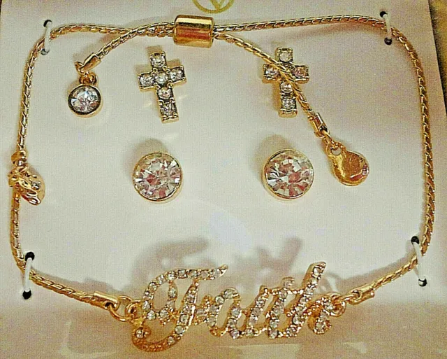 Necklace Stud Earrings Set Women's Faith Pendant Rhinestones Adrienne Vittadini