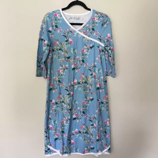 Garnet Hill Asian Wrap Organic Cotton 3/4 Sleeve Night Gown-Cherry Blossom-XS