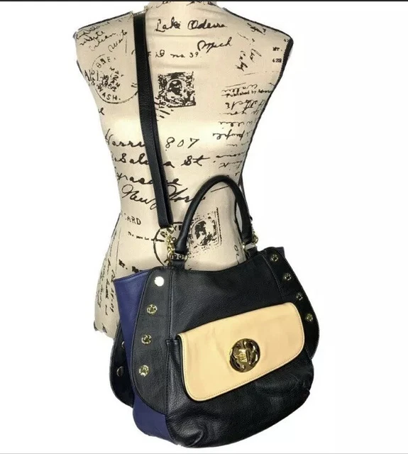 Emma Fox Classic Studded Satchel Tri-Color Black Navy Cream Leather Crossbody