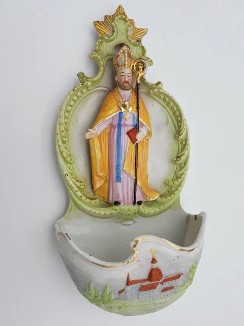 Bénitier ancien porcelaine biscuit peinte et numérotée Pape