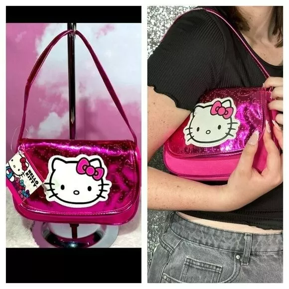 Hello Kitty Sanrio HK face purse bag pink glitter gold black FAB