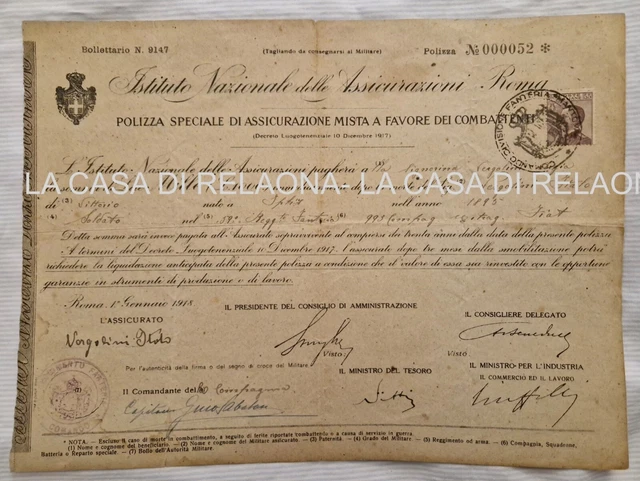 Istituto Nazionale Assicurazioni Polizza A Favore Combattenti - Anno 1918