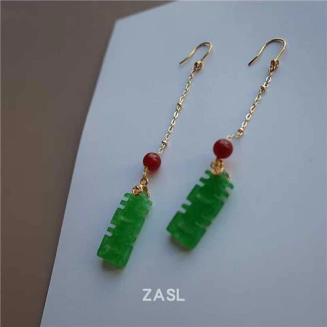 Natural Jadeite jade Earrings 18k Hook Chain Eardrop Wedding Beautiful Hook