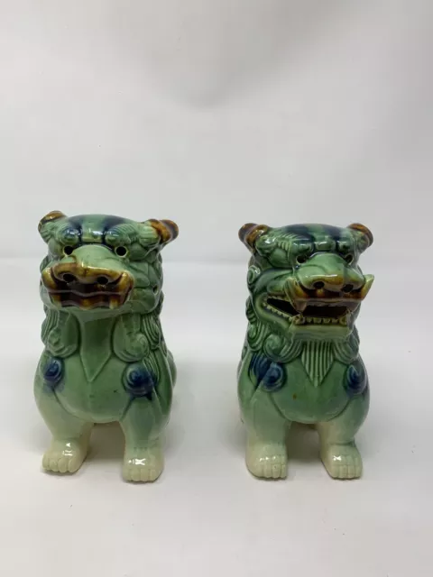 Vintage Majolica Ceramic Chinese Foo Fou Dogs Pair Guardian Lions [W1]
