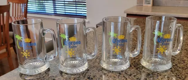 Set of 4 Corona Extra Beer Mug Glass Handles Palm Tree Sun Cerveza 5.5"  14 oz