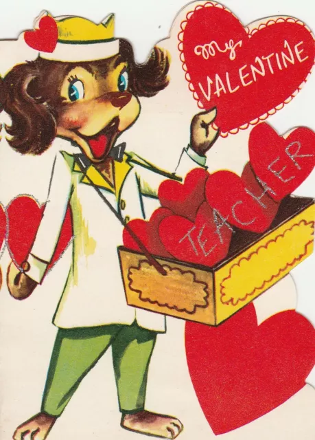 Vintage Valentine Card Dog Vendor Sells Hearts Glitter Die-Cut for Teacher