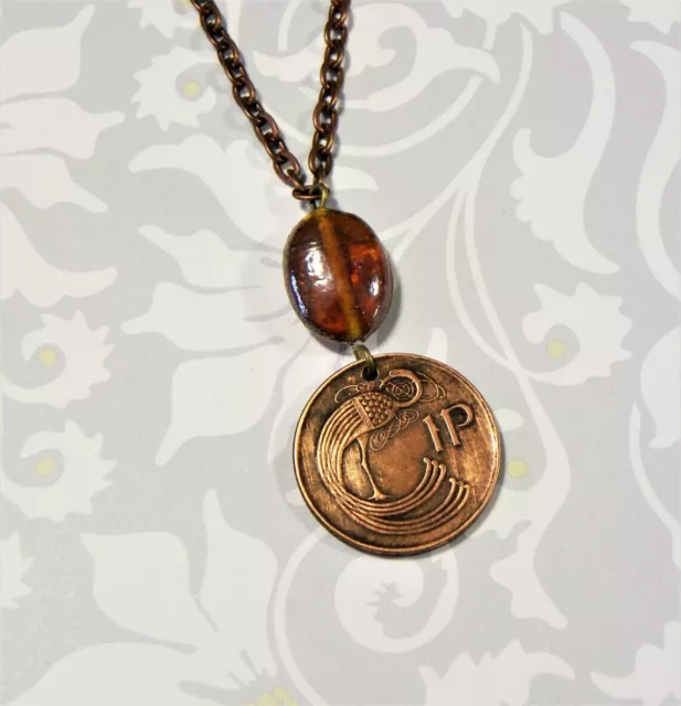 Bird Coin Necklace - Ireland + Glass Bead - Copper Charm - 1998 - Irish #N354