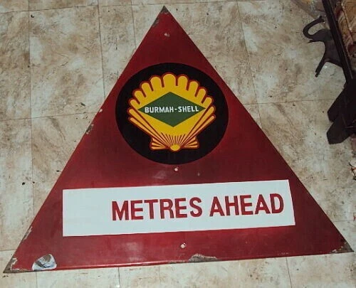 Vintage Porcelain Enamel Sign Burmah Shell Fuel Station Metres Ahead Oil Pump