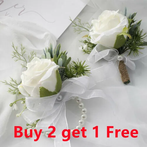 UK Wedding Flower Rose Wrist Corsage Wristlet Band Bracelet Men Boutonniere Set