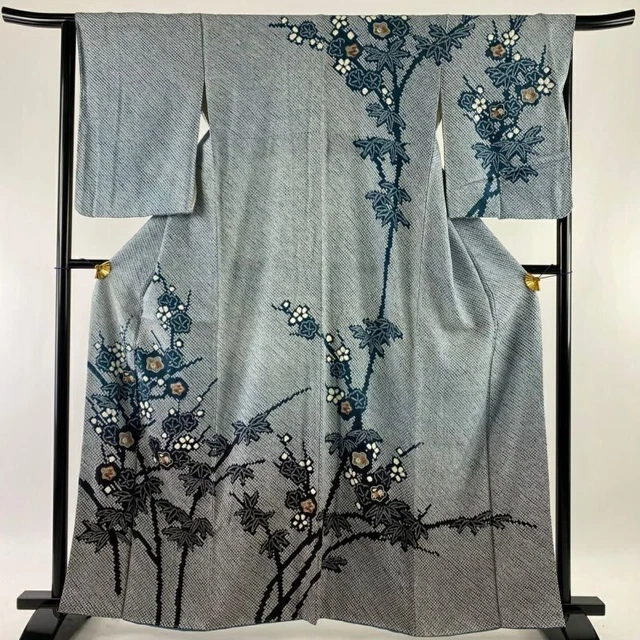 Woman Japanese Kimono Houmongi Silk Plum Bamboo Embroidery Shibori BlueGreen
