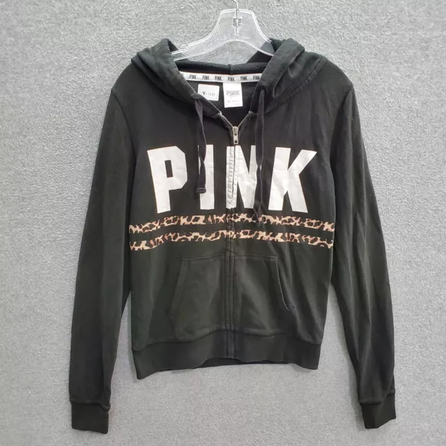 Pink Victorias Secret Women Sweatshirt Small Black Hoodie Logo Pockets Full Zip