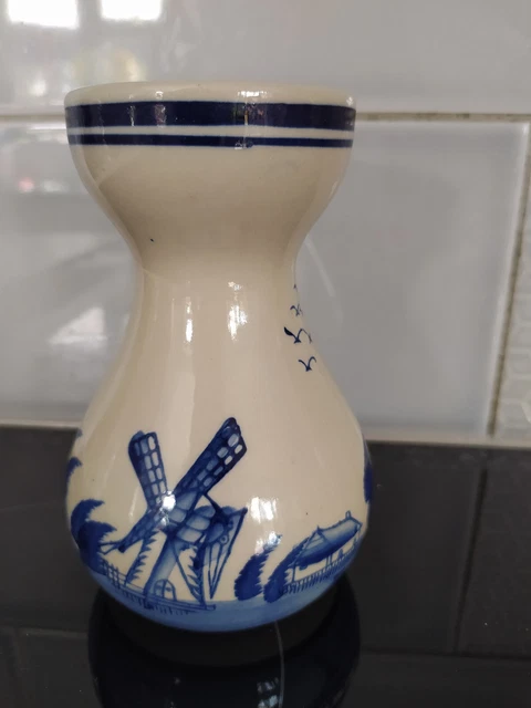 Vintage Delft Style Blue/White Bulb Hyacinth Vase Dutch Windmill Scene