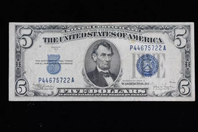 $5 1934C blue seal Silver Certificate Circulated P44675722A Exact Note Shown
