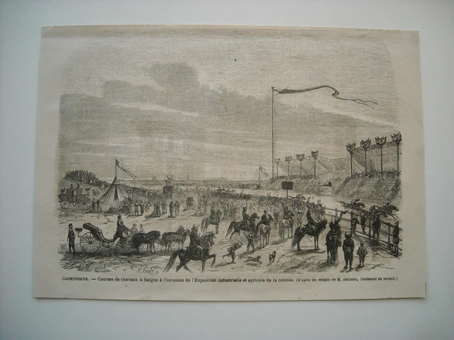 Gravure 1866. Cochinchine. Course De Chevaux A Saïgon Pour Expo Indus Et Agricol