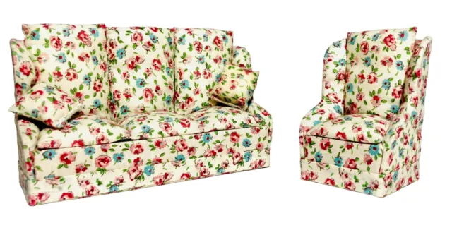 Artisan Floral Sofa Couch and Armchair 1:12 Living Room Dollhouse Furniture VTG