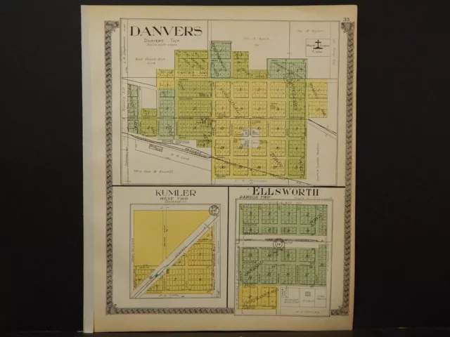 Illinois McLean County Map 1914, Saybrook, Covell, Pleasant Hill, 2 Sides, J5#62