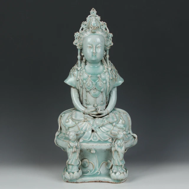 Chinese Antique Hutian Kiln Crackled Glaze Shadowy Blue Porcelain Guanyin Statue