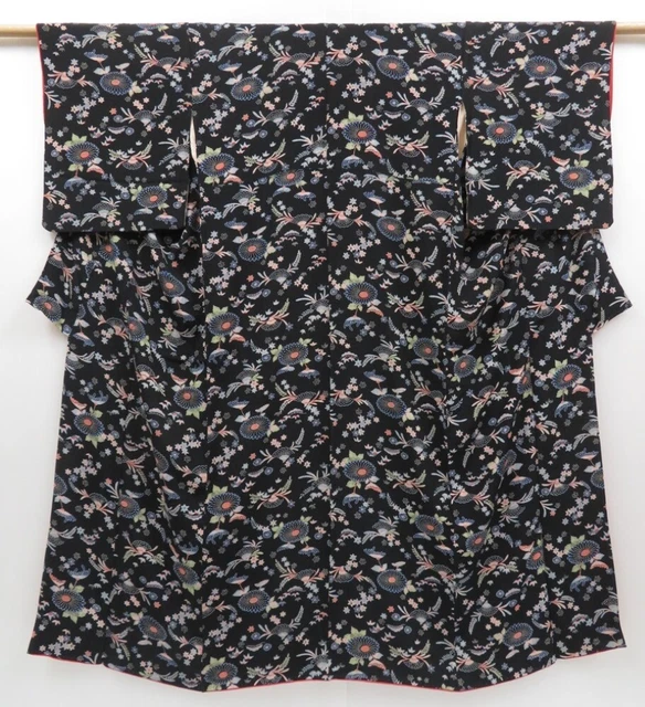 2422T09z630 Vintage Japanese Kimono Silk KOMON Flowers Black