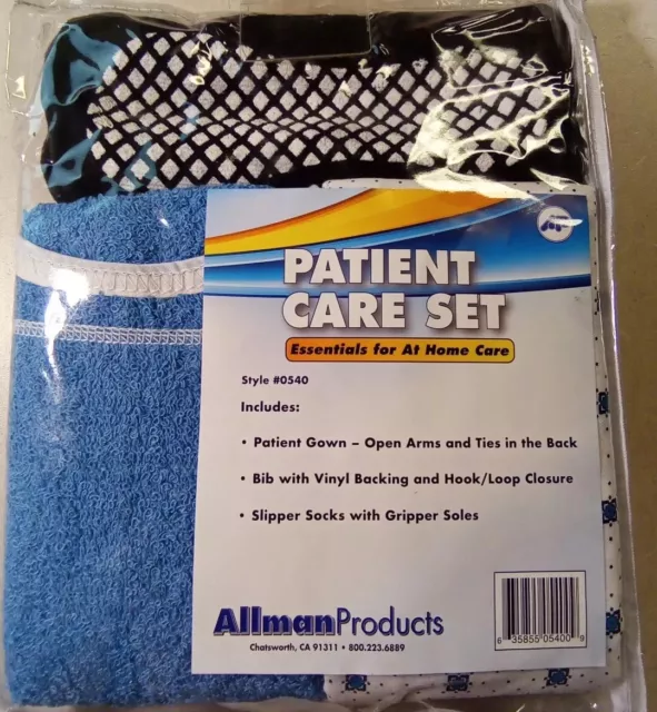 Cotton Blend Unisex Back Tie Gown, Slipper Socks & Bib Hospital Patient Care Set