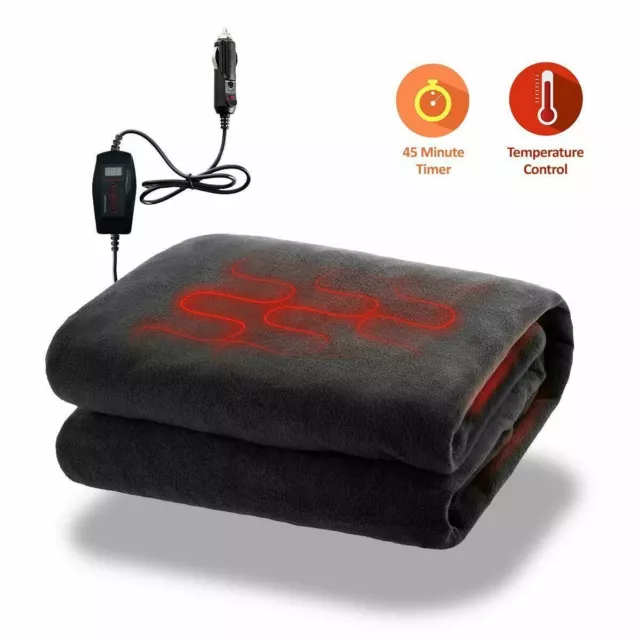 Zone Tech Car Heated Black Fleece Electric Travel Blanket 45 Minute Safety Timer