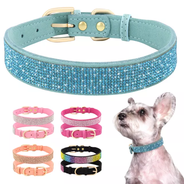 Bling Rhinestone Pet Dog Collar Suede Leather Puppy Cat Crystal Diamond Necklace