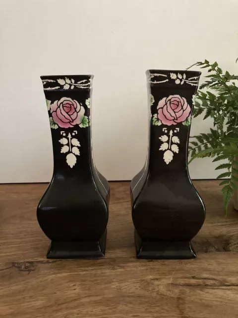 Art Deco Vase Pair Black With Pink Roses Shelley 8103 Shape 773 £17.50 -  Picclick Uk