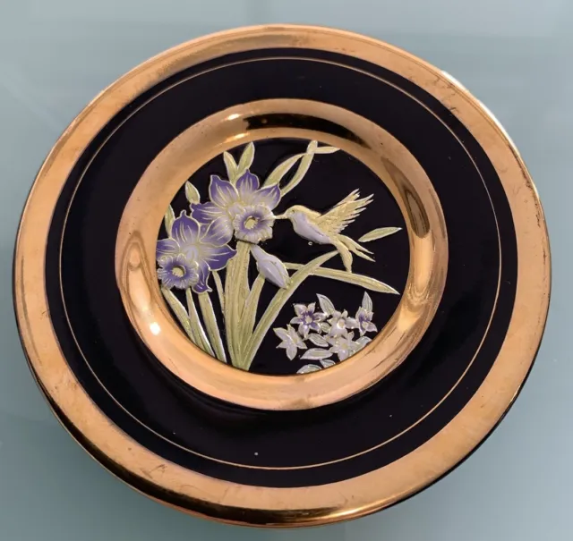 Retro Japanese  Chokin Hummingbird Floral Black 24k gold Gilded porcelain Plate
