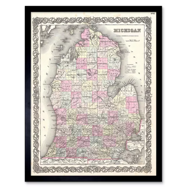 1855 Colton Map Michigan Vintage 12X16 Inch Framed Art Print