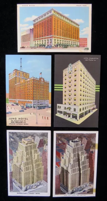 Five 1930s Linen Finish Postcards of Hotels - New York, Dallas, New Orleans +