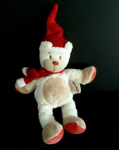F8- DOUDOU PELUCHE PANTIN BENGY OURS BLANC BEIGE BONNET ROUGE ECHARPE 21cm TTBE