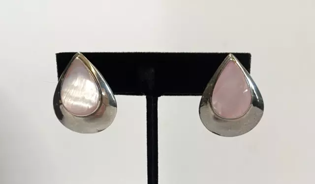 Vintage Sterling Silver and Pink Mother-of-Pearl Teardrop Earrings Jewelry #39
