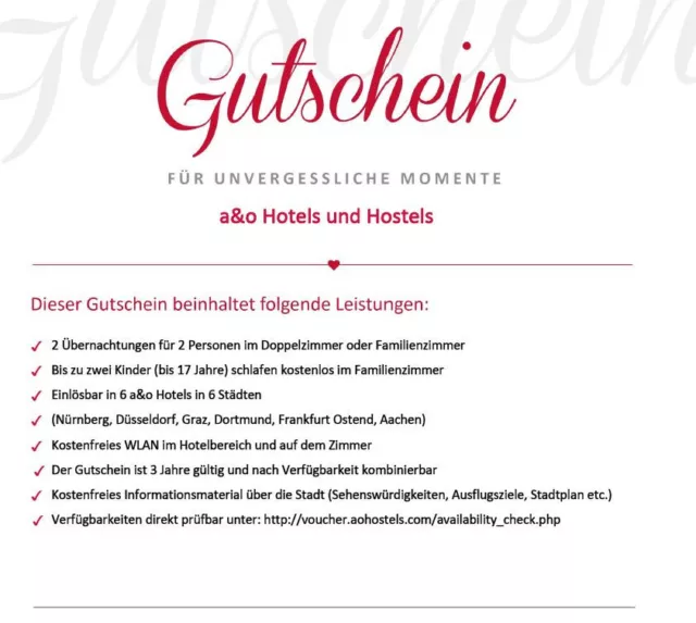 a&o Hotelgutschein 2 ÜN, DZ, Nürnberg, Düsseld, Graz, Dortm, Frankfurt, Aachen