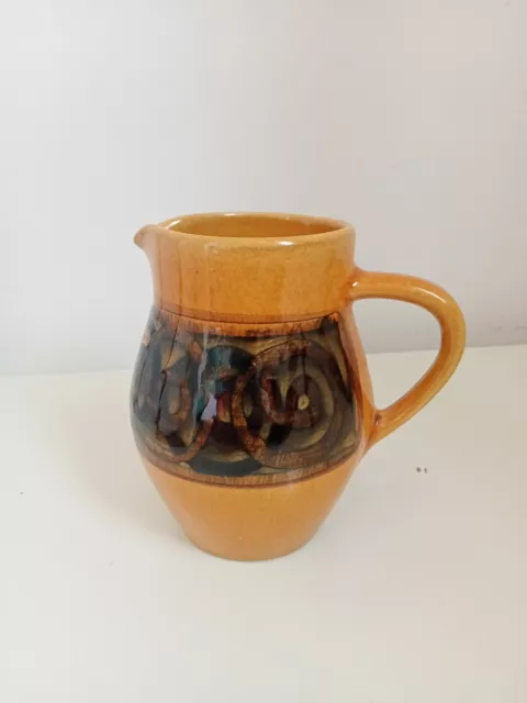 Vintage 60s Brixham Pottery Devon Jug Interlocking Circle Mustard 11.5cm High