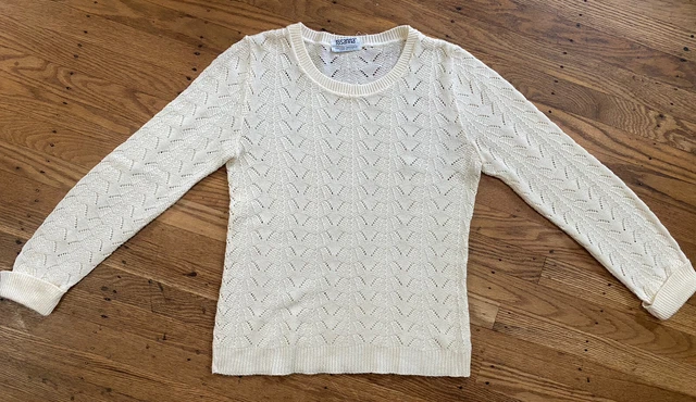 60s Women’s Semi-sheer OPEN Knit Sweater.jewel Neck,ivory Color.small.made USA