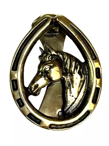 Horseshoe w Horse Head Door Knocker Solid Brass Door knob 4in flat wall decor