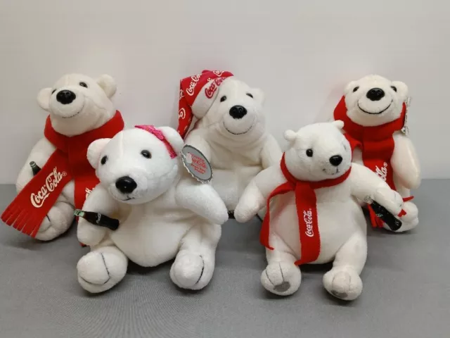 Coca-Cola Christmas Polar Bears Lot of 5 Bean Bag Plush Stuffed 1997 & 1998