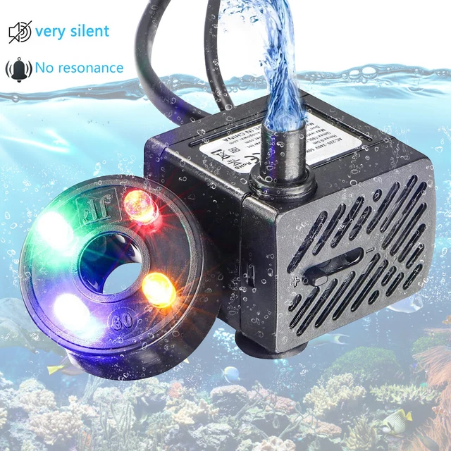 Water Fountain Aquarium Pump with 4 LED Light Super Silent Small Submersible Wat
