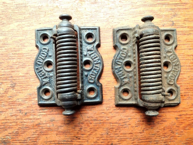 Two Antique Fancy Cast Iron Screen Door Hinges "Columbia" Pat. 1898