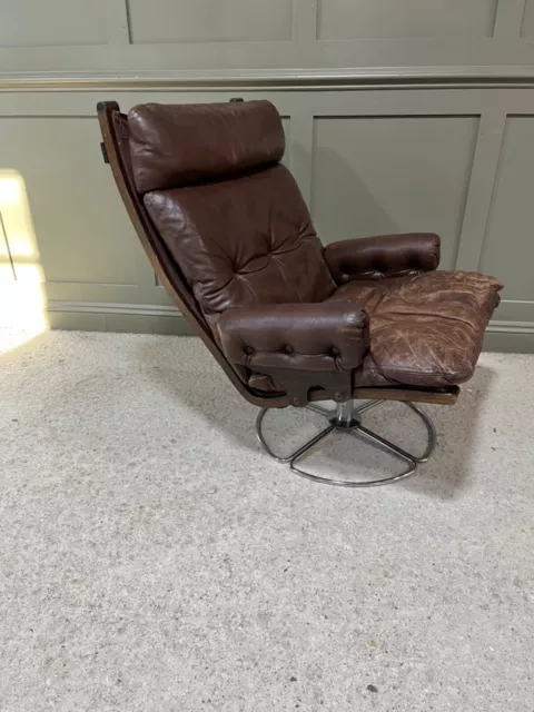 Leather Swivel Armchair Mid 20th C Swedish by Gote Mobel Dark Brown