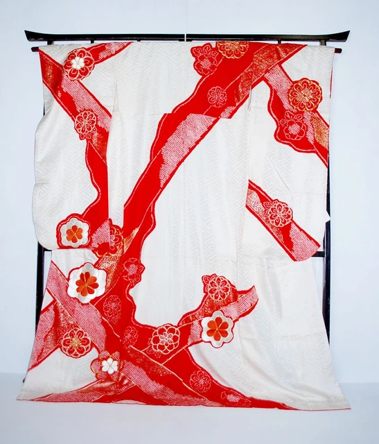 Furisode Kimono Robe L Silk Shibori Floral White Red Wedding Dress Vintage  F/S