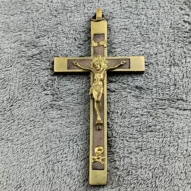 Vintage Crucifix 4.5" Wall Hanging Metal Made In France Wood Incased Gold Tone