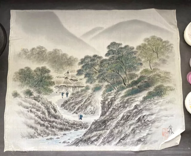 Hand Painted Silk Screen Print Village Landscape Scene Japanese Signature