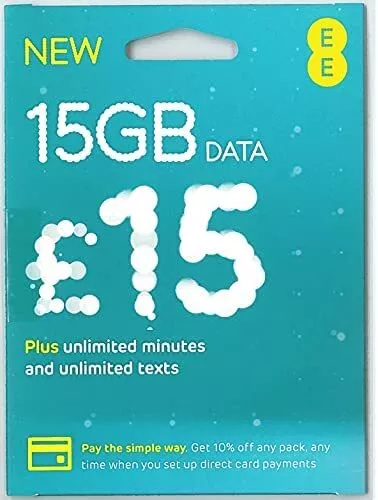 EE Sim Card £15 Pack 15GB Data Unlimited Calls SMS Pay As You Go Mini Micro Nano