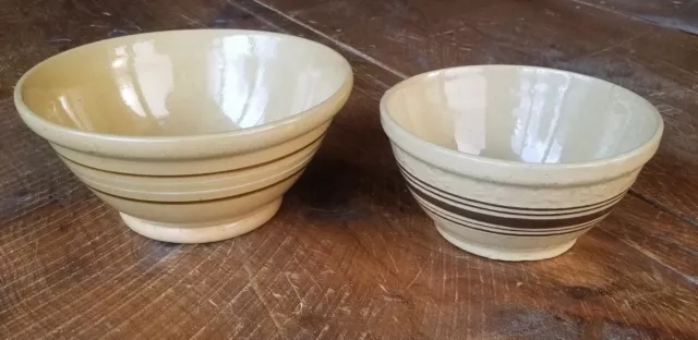 PAIR Antique Yelloware Stoneware Mixing Bowl Banded Stripe Mocha Large Americana